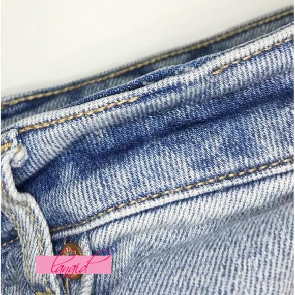 American Eagle Stretch Tomgirl Jeans Slashed Sky Destroyed Ripped BF Boyfriend 0 - Picture 9 of 14